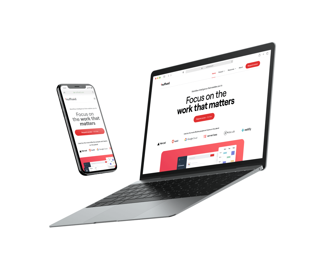 A Laptop computer and phone displaying Nuffsaid's website