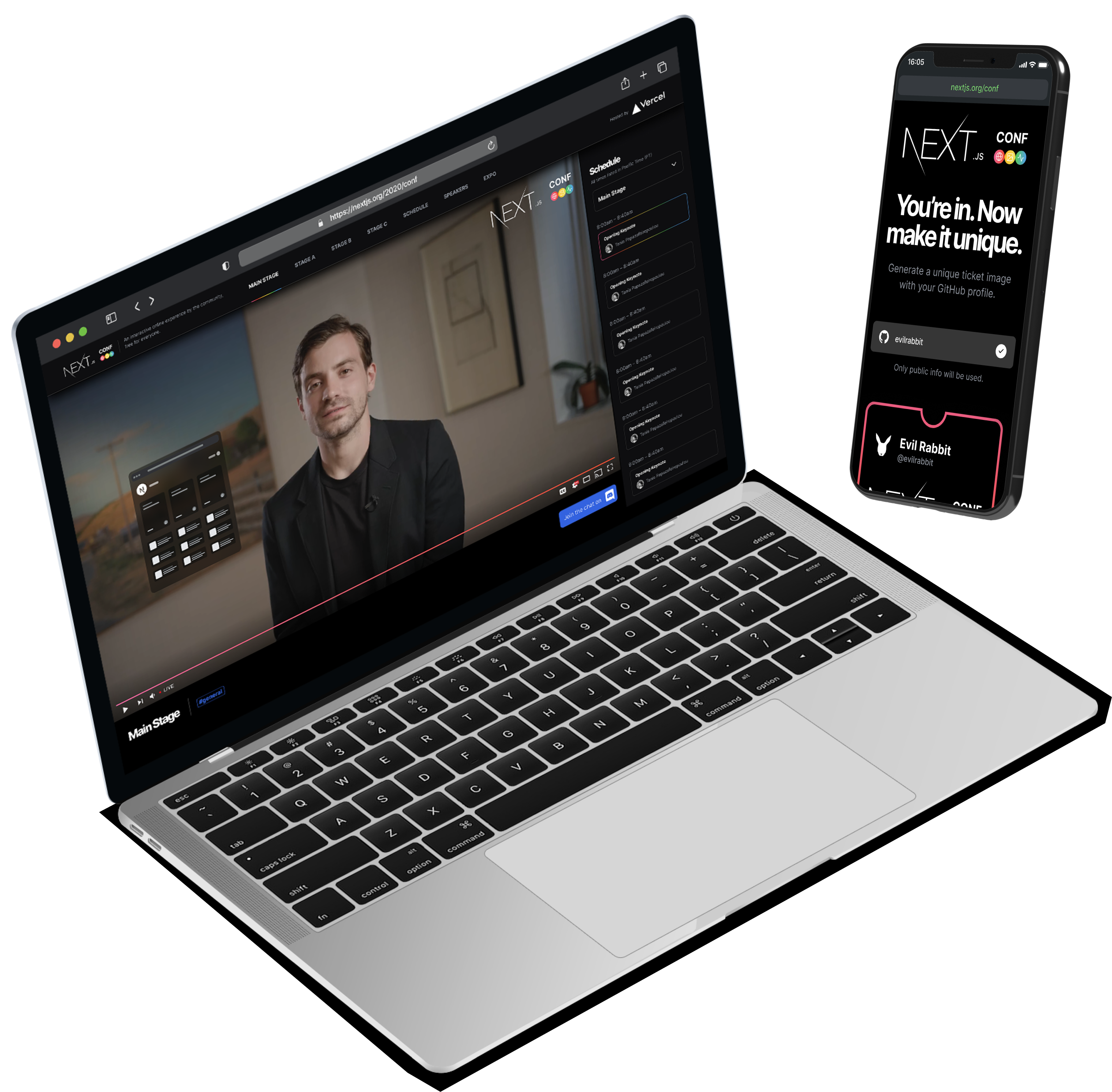 A Laptop computer and phone displaying VERCEL's conference